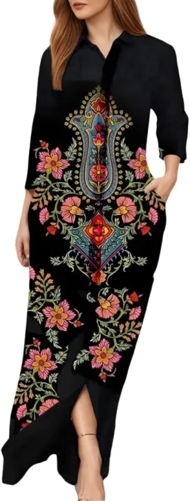 Akivide Women's Spring Summer Button Down Lapel Shirt Dress Long Sleeve Oversized Floral Print Maxi Dresses with Pockets