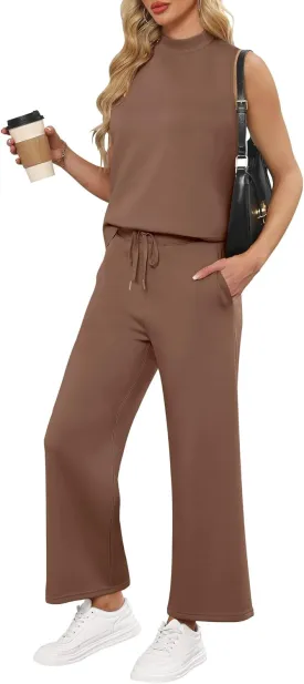 ANRABESS Women 2 Piece Outfits Summer Lounge Sets Mock Neck Top Wide Leg Pants Casual Fashion Tracksuit 2025 Travel Clothes