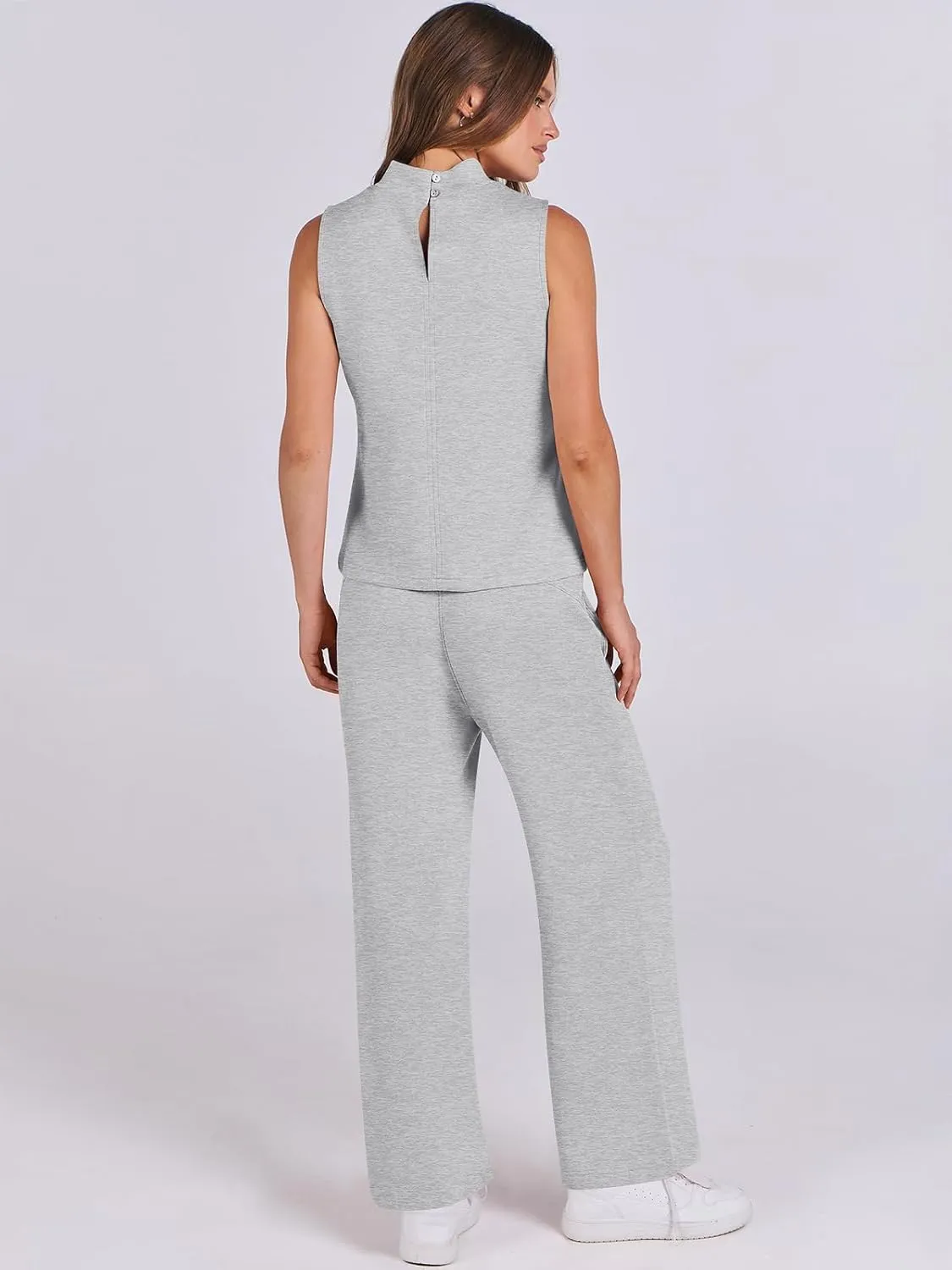 ANRABESS Women 2 Piece Outfits Summer Lounge Sets Mock Neck Top Wide Leg Pants Casual Fashion Tracksuit 2025 Travel Clothes