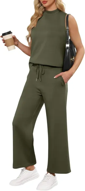 ANRABESS Women 2 Piece Outfits Summer Lounge Sets Mock Neck Top Wide Leg Pants Casual Fashion Tracksuit 2025 Travel Clothes