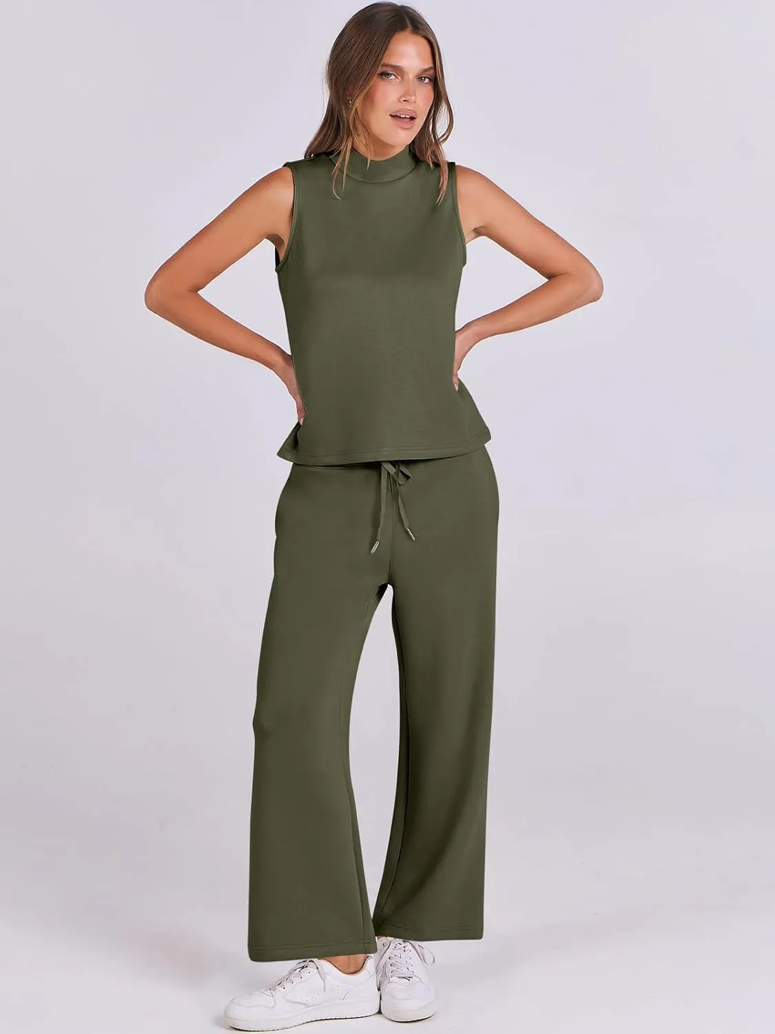 ANRABESS Women 2 Piece Outfits Summer Lounge Sets Mock Neck Top Wide Leg Pants Casual Fashion Tracksuit 2025 Travel Clothes