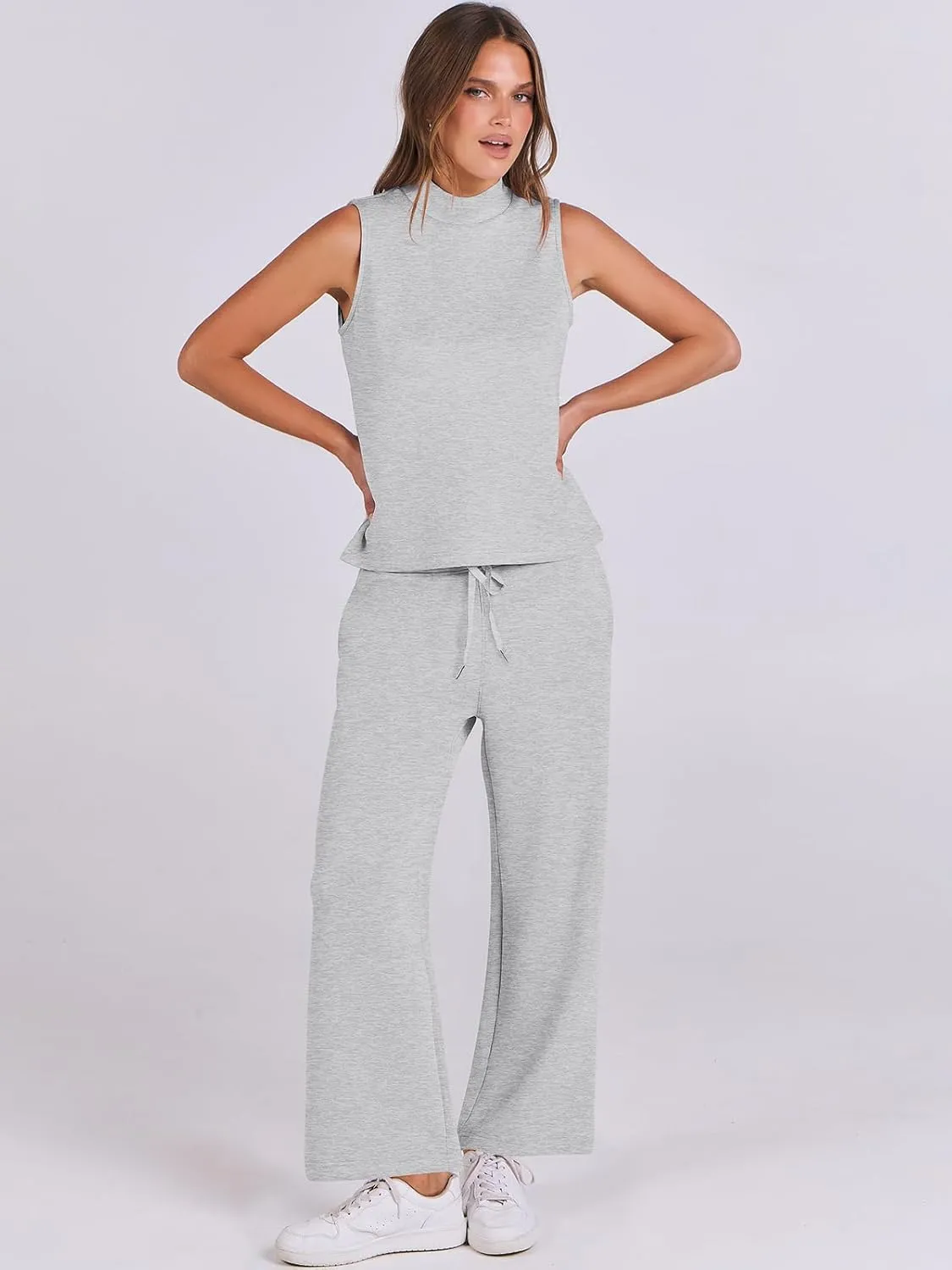 ANRABESS Women 2 Piece Outfits Summer Lounge Sets Mock Neck Top Wide Leg Pants Casual Fashion Tracksuit 2025 Travel Clothes