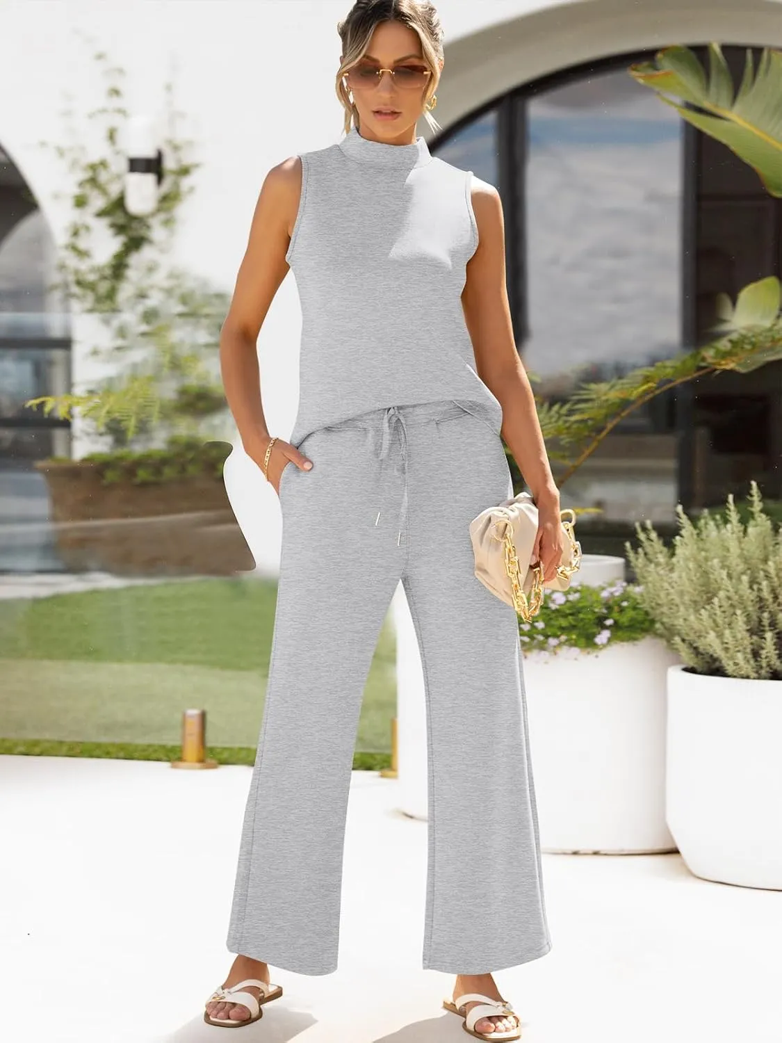 ANRABESS Women 2 Piece Outfits Summer Lounge Sets Mock Neck Top Wide Leg Pants Casual Fashion Tracksuit 2025 Travel Clothes