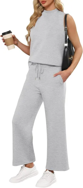 ANRABESS Women 2 Piece Outfits Summer Lounge Sets Mock Neck Top Wide Leg Pants Casual Fashion Tracksuit 2025 Travel Clothes