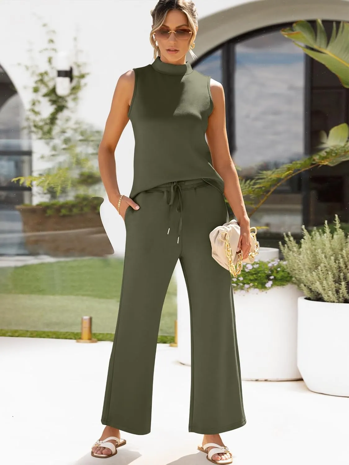 ANRABESS Women 2 Piece Outfits Summer Lounge Sets Mock Neck Top Wide Leg Pants Casual Fashion Tracksuit 2025 Travel Clothes