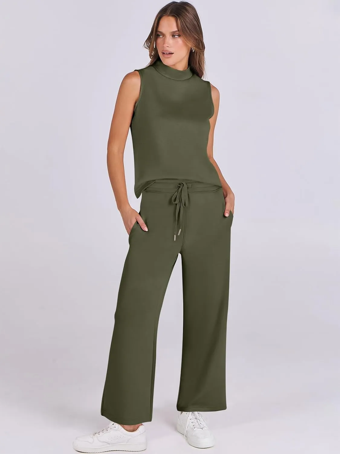 ANRABESS Women 2 Piece Outfits Summer Lounge Sets Mock Neck Top Wide Leg Pants Casual Fashion Tracksuit 2025 Travel Clothes