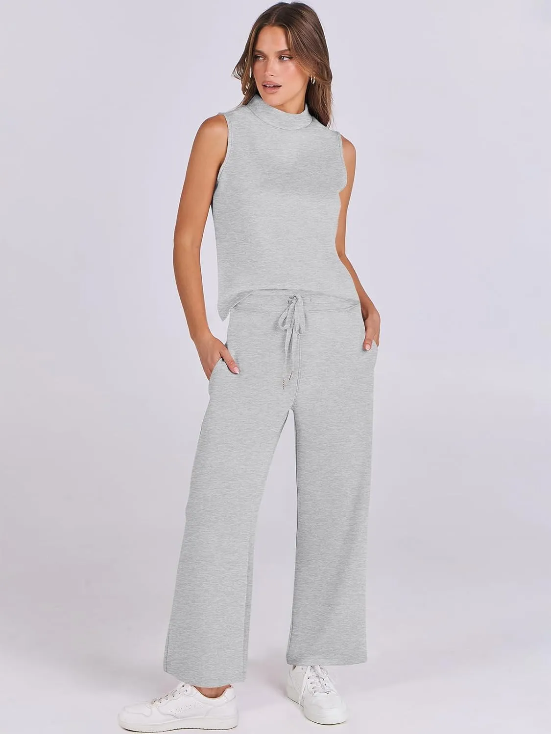 ANRABESS Women 2 Piece Outfits Summer Lounge Sets Mock Neck Top Wide Leg Pants Casual Fashion Tracksuit 2025 Travel Clothes