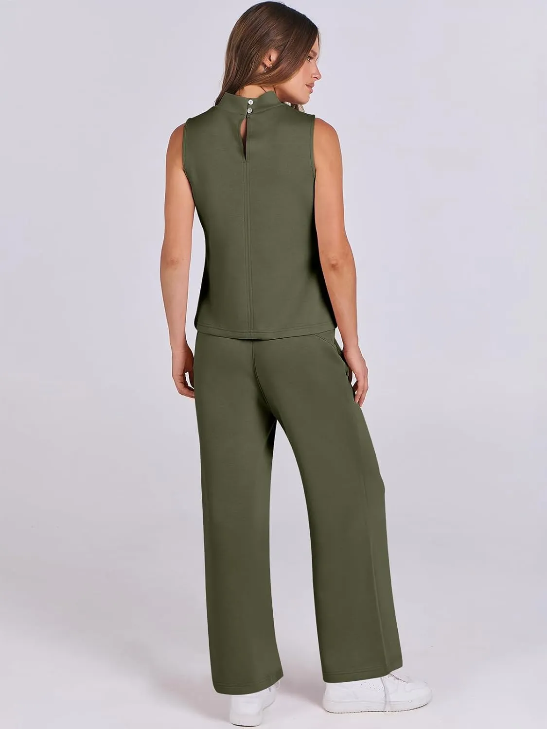 ANRABESS Women 2 Piece Outfits Summer Lounge Sets Mock Neck Top Wide Leg Pants Casual Fashion Tracksuit 2025 Travel Clothes