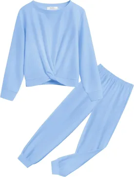 Arshiner Girls 2 Piece Outfits Fashion Twist Front Tracksuit Long Sleeve Pullover Sweatshirt Sweatpants Jogger set Sweatsuit