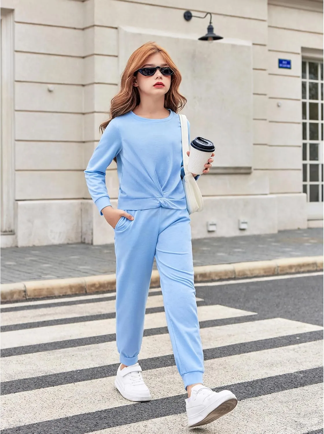 Arshiner Girls 2 Piece Outfits Fashion Twist Front Tracksuit Long Sleeve Pullover Sweatshirt Sweatpants Jogger set Sweatsuit