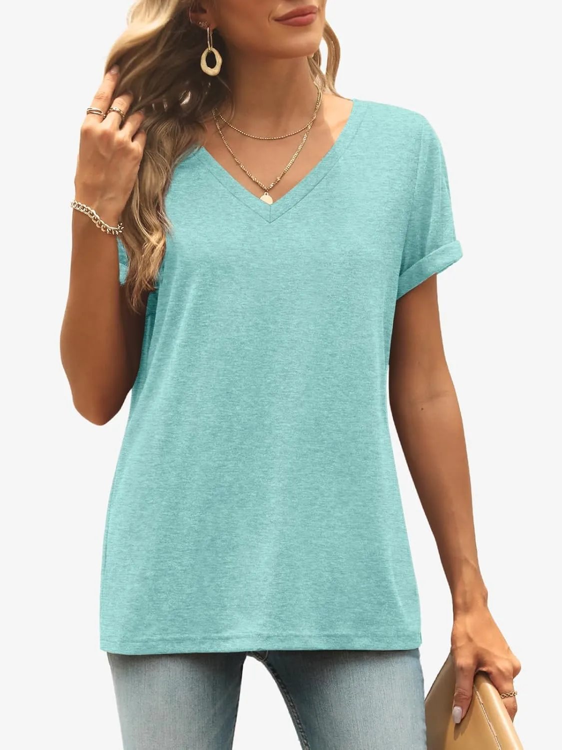ATHMILE T Shirts Short Sleeve V Neck Tees for Women Fashion Tops Trendy Lightweight Casual Summer Outfits Clothes 2025 Beach