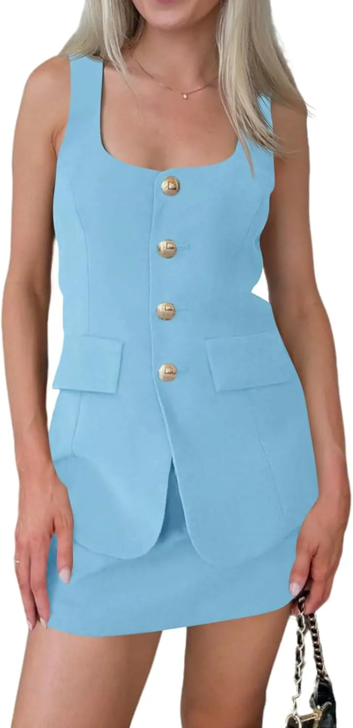 Cicy Bell Womens Summer 2 Piece Outfits Sleeveless Scoop Neck Fitted Blazer Vest Matching Set Mini Skirt Short Suit Work Sets