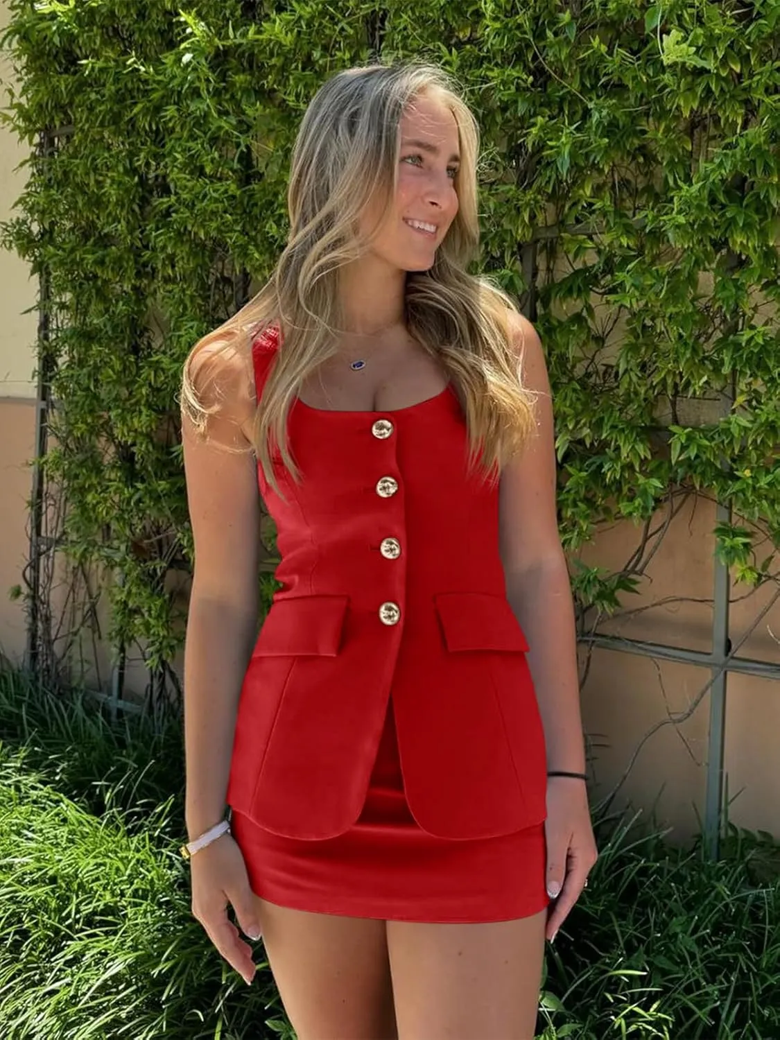 Cicy Bell Womens Summer 2 Piece Outfits Sleeveless Scoop Neck Fitted Blazer Vest Matching Set Mini Skirt Short Suit Work Sets