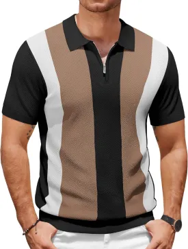 COOFANDY Mens Textured Knit Polo Shirts Zipper Polo Shirts Short Sleeve Casual Lightweight Golf Shirt