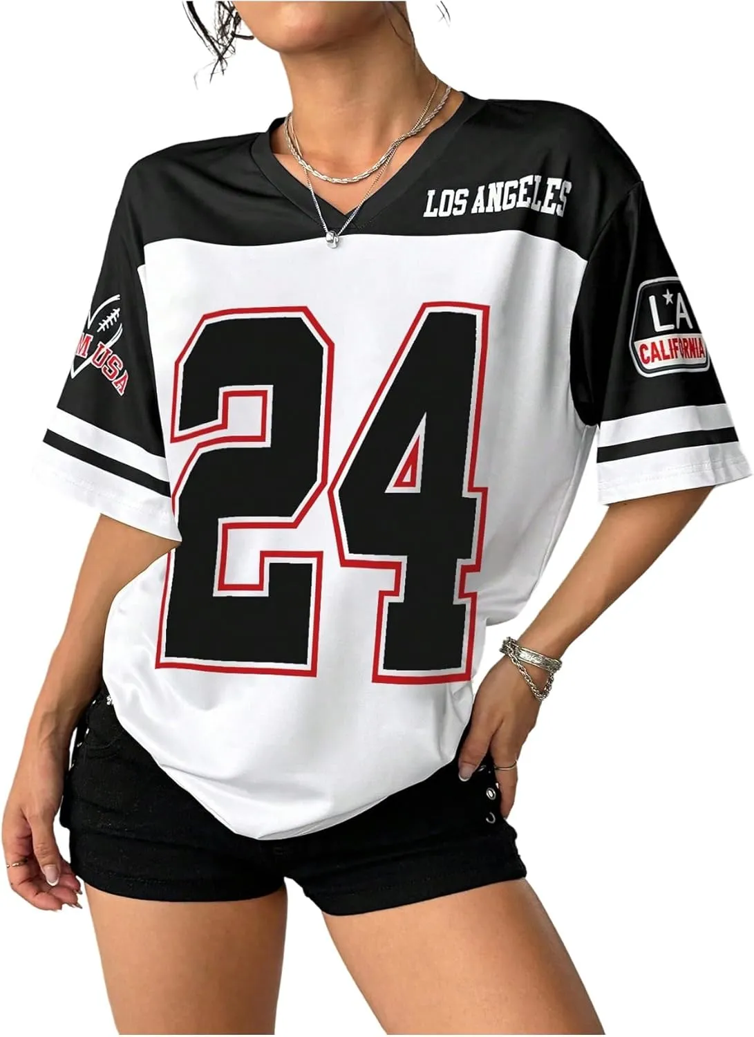 Floerns Women's Camo Print Team Sports T Shirts V Neck Basketball Jersey Tee Shirts