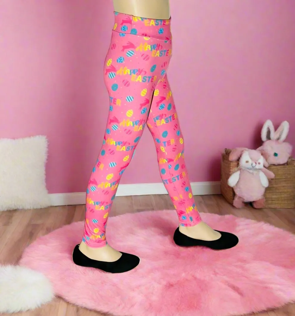Girls Happy Easter Leggings, Kids Yoga Pants, Sizes S/L, Yoga Waist