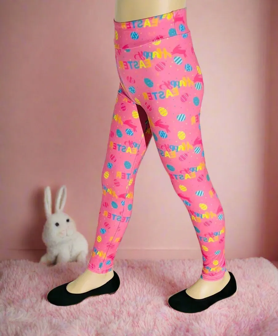 Girls Happy Easter Leggings, Kids Yoga Pants, Sizes S/L, Yoga Waist