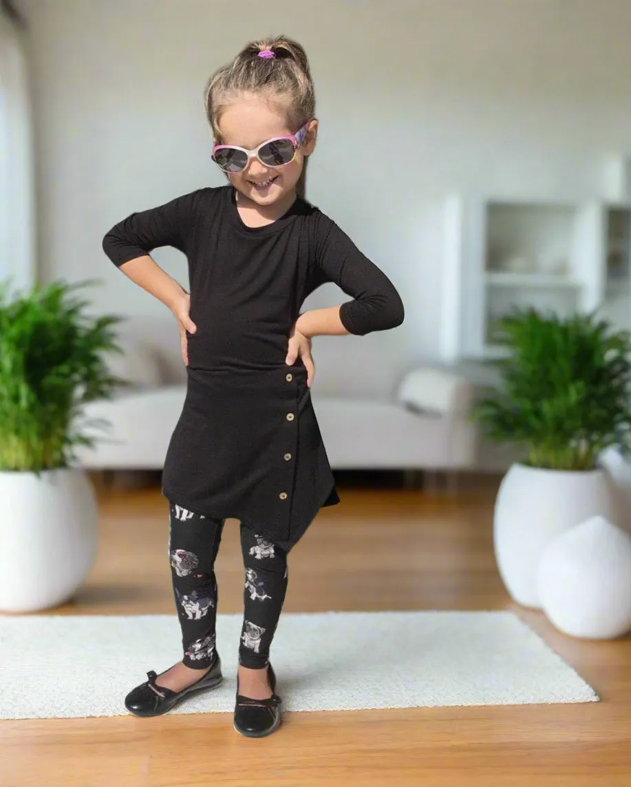 Girls Multi-Breed Small Dog Leggings, Kids Yoga Pants,  Sizes S/L, No-Roll Waist, Black/White