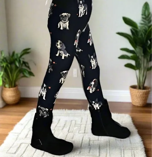 Girls Multi-Breed Small Dog Leggings, Kids Yoga Pants,  Sizes S/L, No-Roll Waist, Black/White