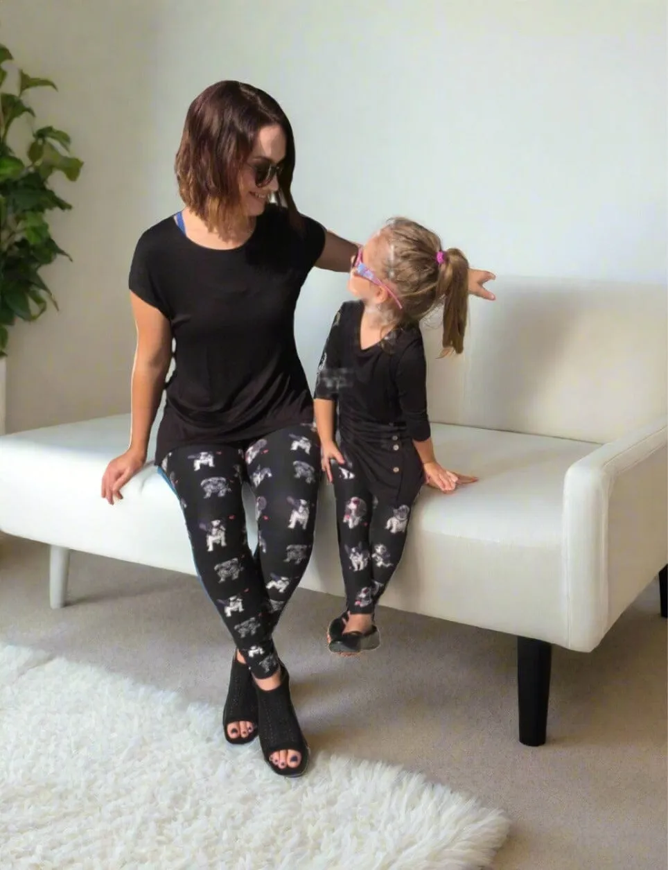 Girls Multi-Breed Small Dog Leggings, Kids Yoga Pants,  Sizes S/L, No-Roll Waist, Black/White