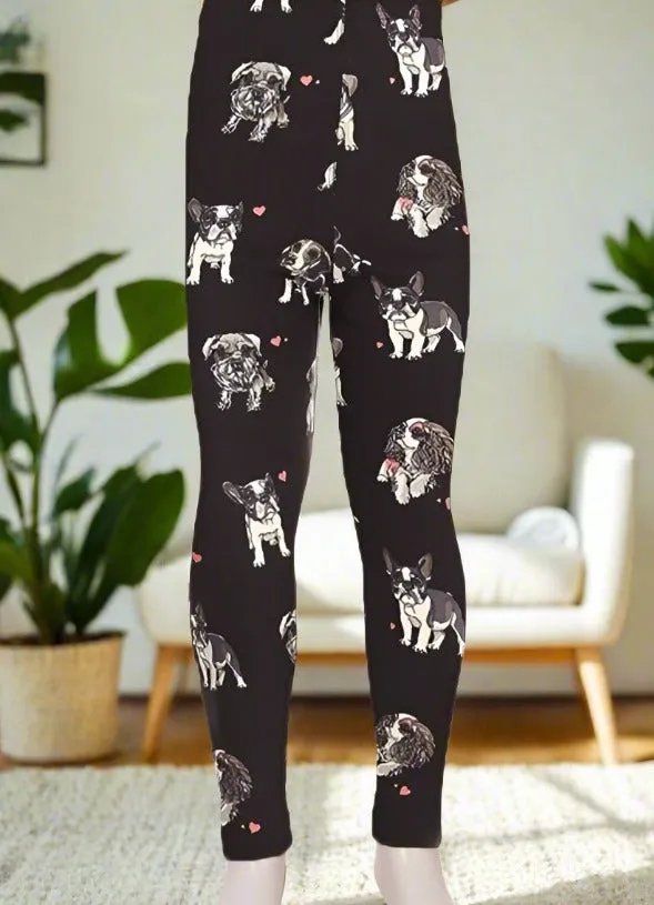 Girls Multi-Breed Small Dog Leggings, Kids Yoga Pants,  Sizes S/L, No-Roll Waist, Black/White