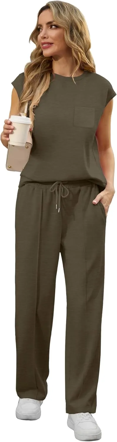GRECERELLE 2 Piece Sets For Women Summer 2025 Outfits Lounge Sets Sleeveless Sweatsuits Wide Leg Tracksuits With Pockets