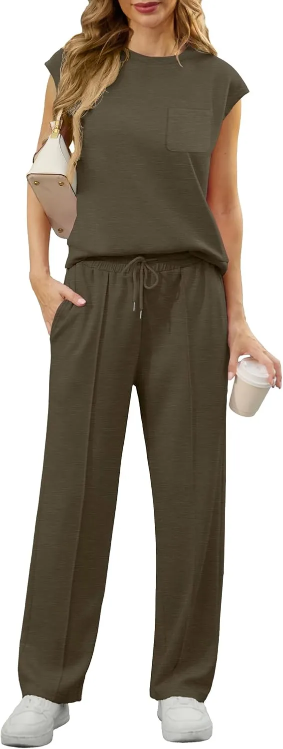 GRECERELLE 2 Piece Sets For Women Summer 2025 Outfits Lounge Sets Sleeveless Sweatsuits Wide Leg Tracksuits With Pockets