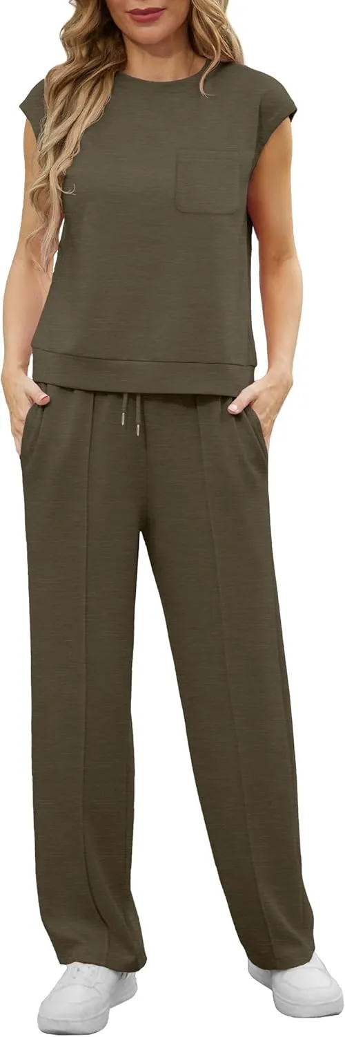 GRECERELLE 2 Piece Sets For Women Summer 2025 Outfits Lounge Sets Sleeveless Sweatsuits Wide Leg Tracksuits With Pockets
