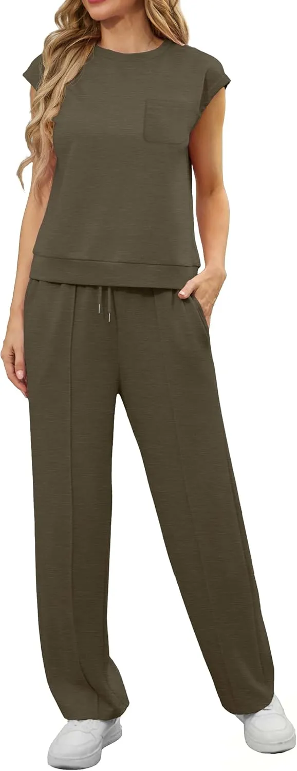 GRECERELLE 2 Piece Sets For Women Summer 2025 Outfits Lounge Sets Sleeveless Sweatsuits Wide Leg Tracksuits With Pockets