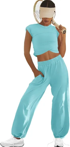 LAMISSCHE Womens Loungewear Set 2 Piece Outfits Sets Cropped Tops and Wide Leg Pants with Pockets Tracksuit