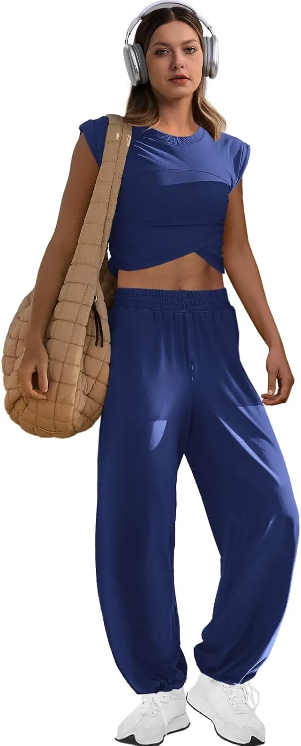 LAMISSCHE Womens Loungewear Set 2 Piece Outfits Sets Cropped Tops and Wide Leg Pants with Pockets Tracksuit