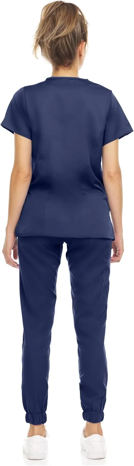 MediChic Scrub Sets for Women  8-Pocket V-Neck Jogger Scrubs, Anti-Wrinkle, Stretch Medical Nursing Uniforms