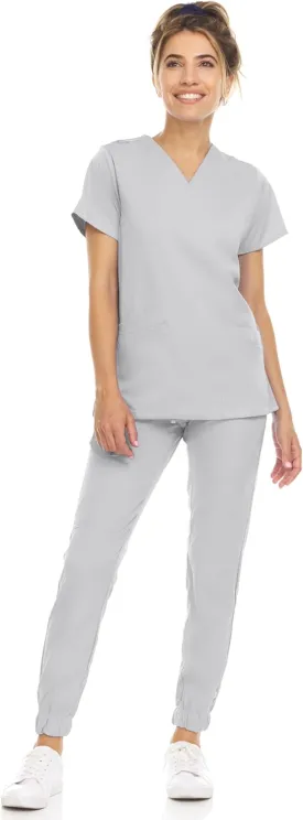 MediChic Scrub Sets for Women  8-Pocket V-Neck Jogger Scrubs, Anti-Wrinkle, Stretch Medical Nursing Uniforms