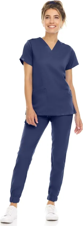 MediChic Scrub Sets for Women  8-Pocket V-Neck Jogger Scrubs, Anti-Wrinkle, Stretch Medical Nursing Uniforms