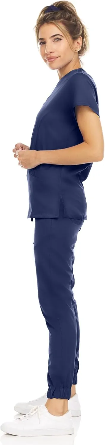 MediChic Scrub Sets for Women  8-Pocket V-Neck Jogger Scrubs, Anti-Wrinkle, Stretch Medical Nursing Uniforms