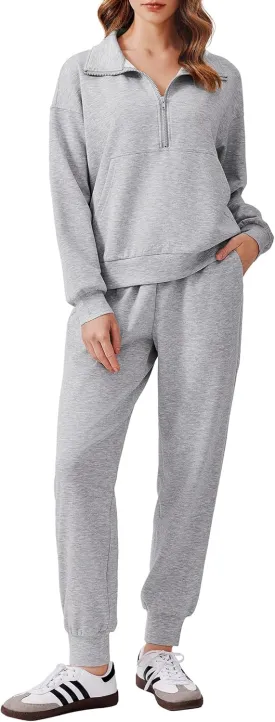 PINSPARK 2 Piece Sets for Women 2024 Fall Travel Outfits Long Sleeve Tracksuit Joggers Sets Half Zip Sweatsuit Matching Set