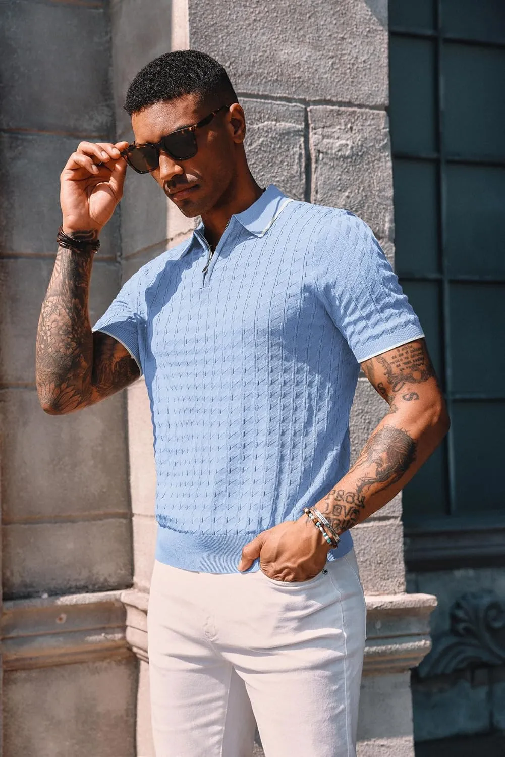 PJ PAUL JONES Men's Knit Polo Shirts Short Sleeve Quarter Zip Polo Shirt