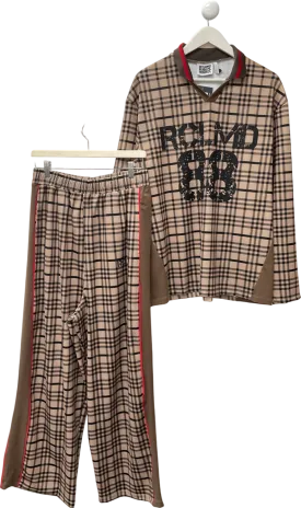 Reclaimed Vintage Beige Unisex Wide Leg Sports Jogger In Check Print & Long Sleeve Football Top UK L