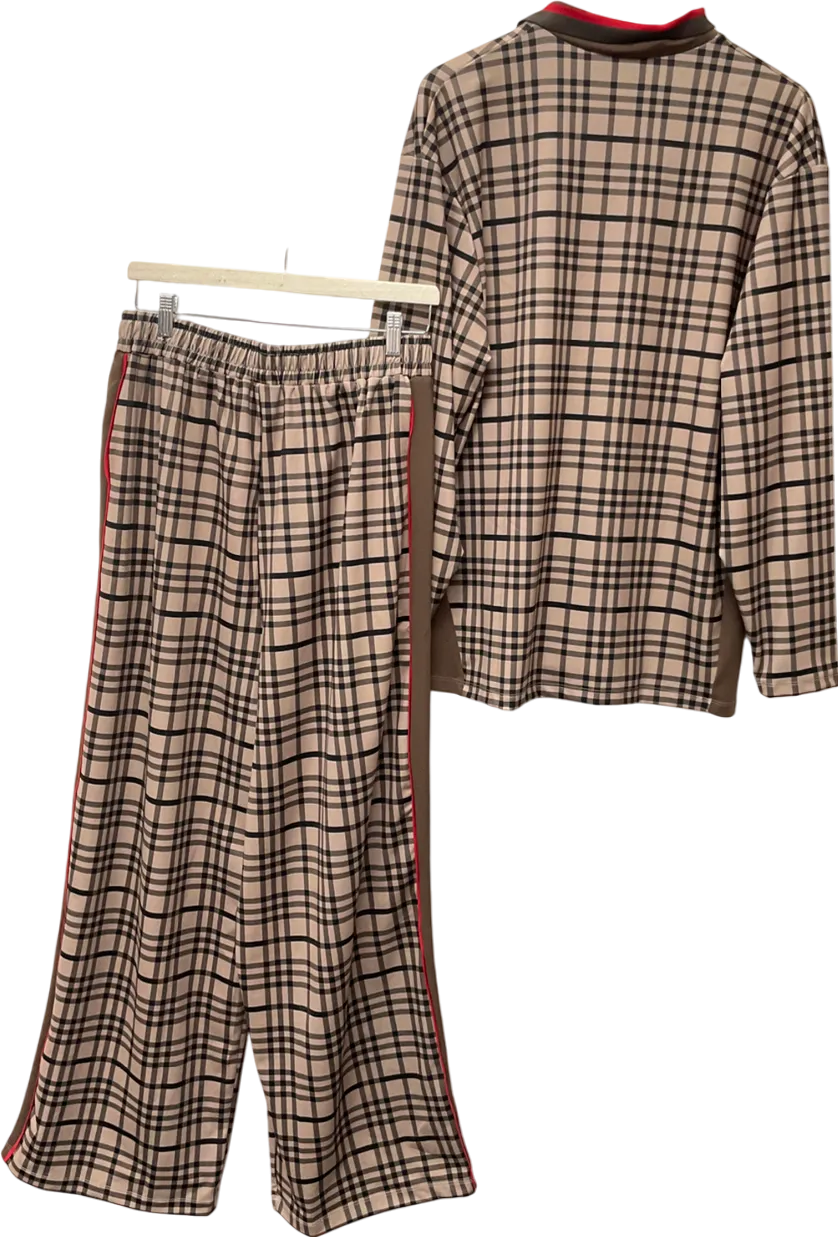 Reclaimed Vintage Beige Unisex Wide Leg Sports Jogger In Check Print & Long Sleeve Football Top UK L