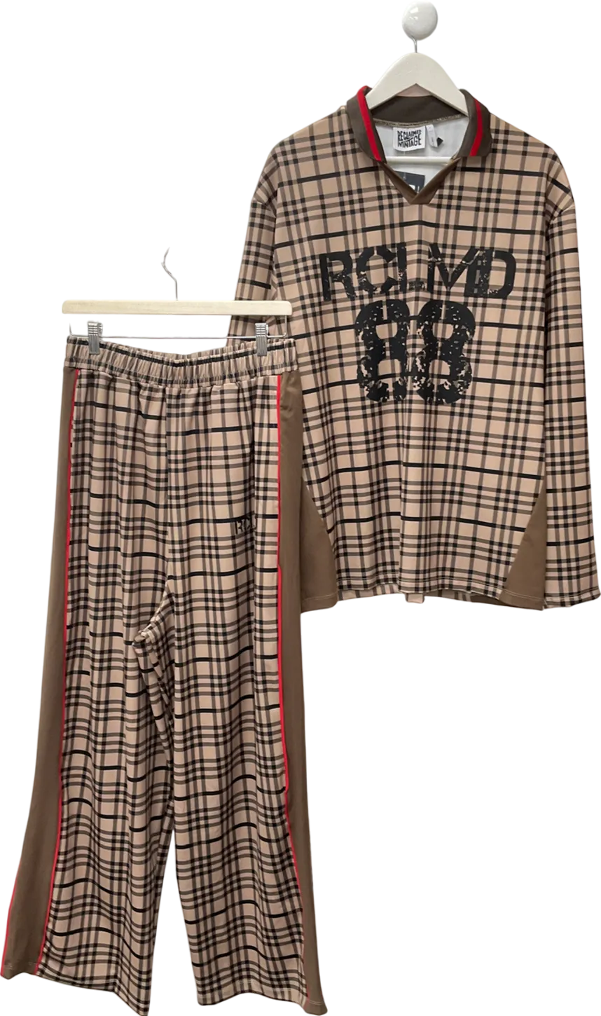 Reclaimed Vintage Beige Unisex Wide Leg Sports Jogger In Check Print & Long Sleeve Football Top UK L