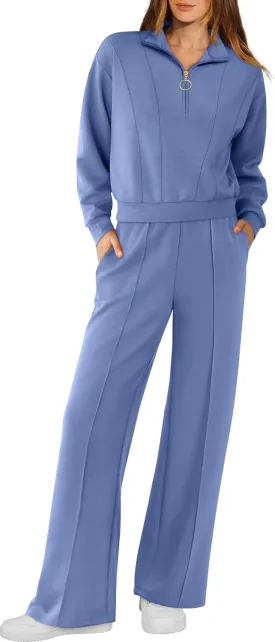 RUBZOOF Womens 2 Piece Outfits Sweatsuit Half Zip Sweatshirt Tracksuit Sweatpants Lounge Sets XS-2XL