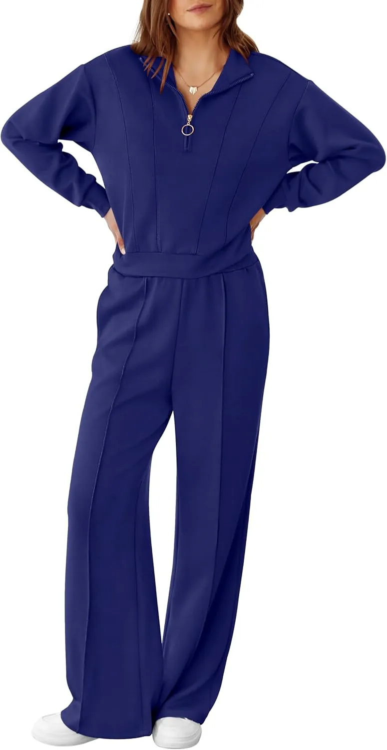 RUBZOOF Womens 2 Piece Outfits Sweatsuit Half Zip Sweatshirt Tracksuit Sweatpants Lounge Sets XS-2XL
