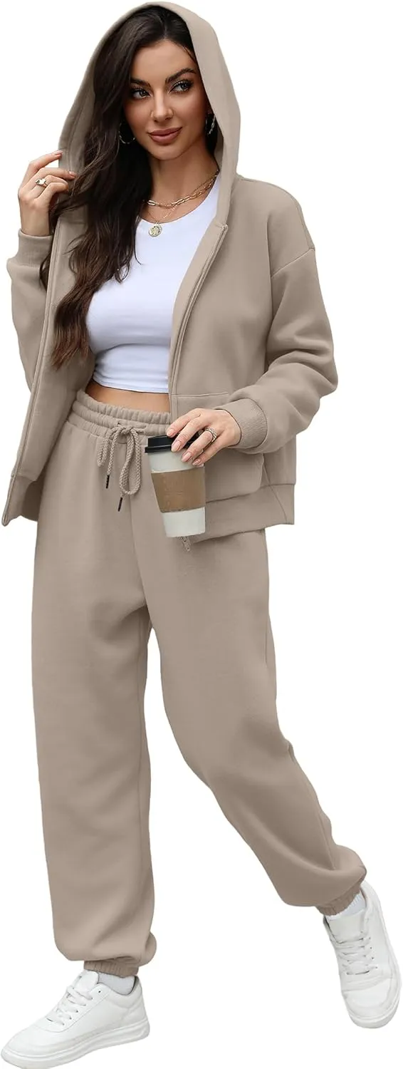 Saloogoe Sweatsuits Women 2 Piece Outfits 2024 Fall Fleece Sweatshirt Sets Zip Up Hoodie Sets Travel Lounge Sets