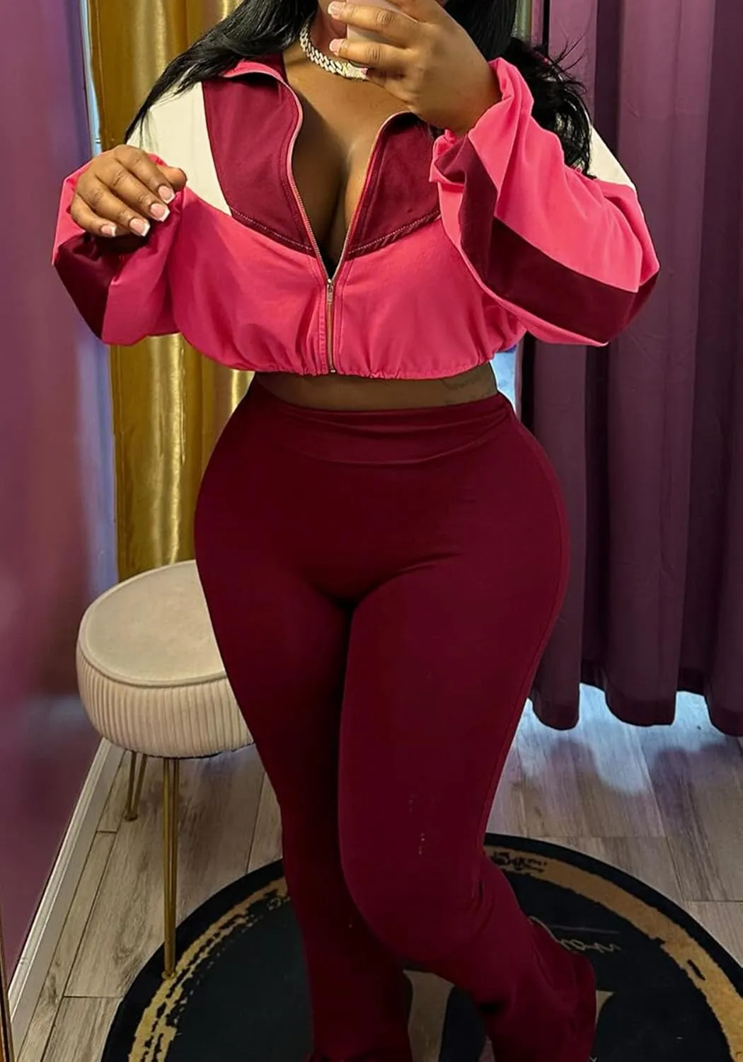 SHINFY Womens Sweatsuits 2 Piece Set Long Sleeve Color Block Cropped Jacket Leggings Pants Jogger Tracksuits Sets