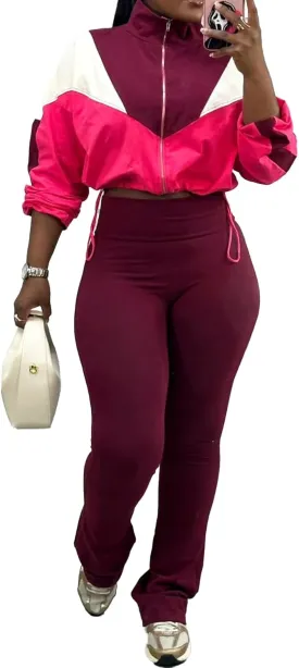 SHINFY Womens Sweatsuits 2 Piece Set Long Sleeve Color Block Cropped Jacket Leggings Pants Jogger Tracksuits Sets