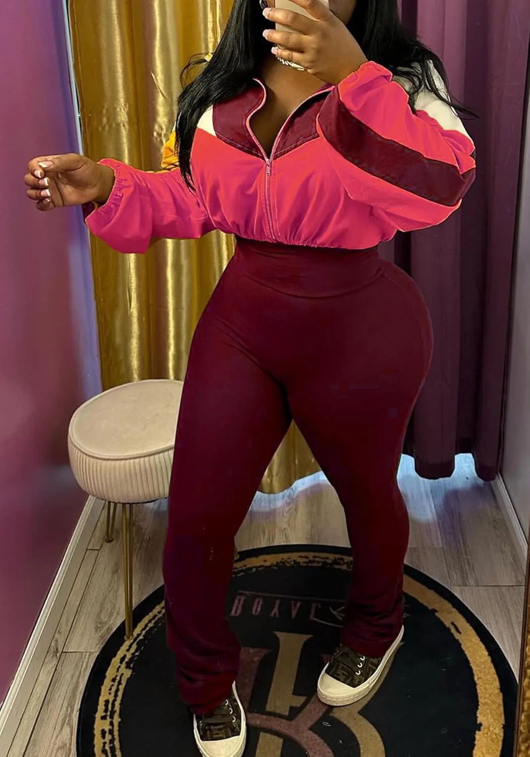 SHINFY Womens Sweatsuits 2 Piece Set Long Sleeve Color Block Cropped Jacket Leggings Pants Jogger Tracksuits Sets