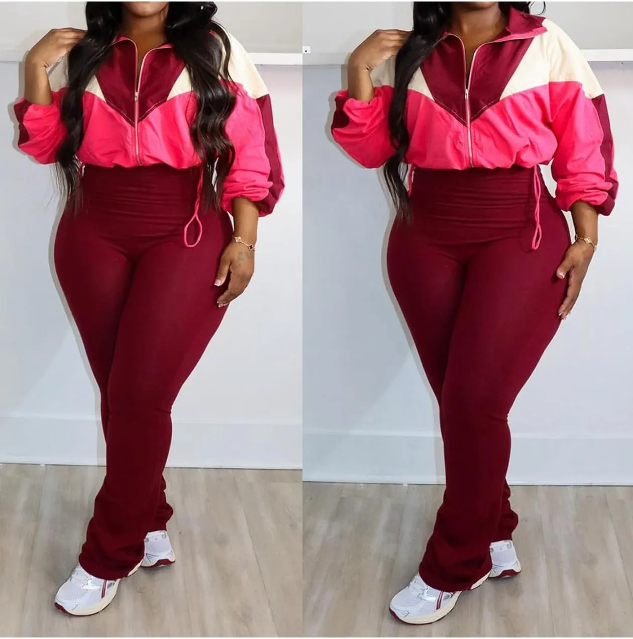 SHINFY Womens Sweatsuits 2 Piece Set Long Sleeve Color Block Cropped Jacket Leggings Pants Jogger Tracksuits Sets