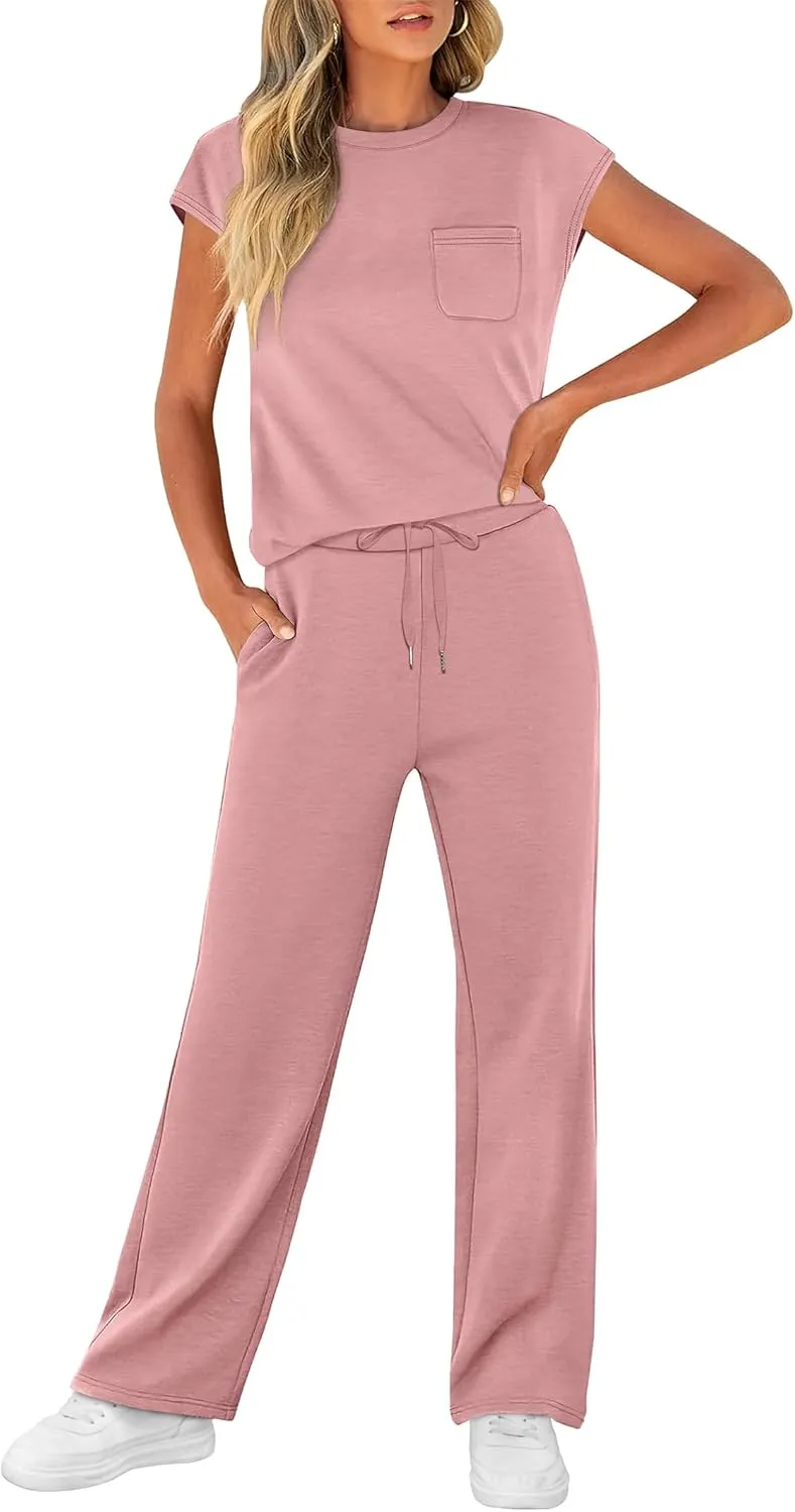 WIHOLL 2 Piece Sets for Women Casual Summer Travel Vacation Outfits Cap Sleeve Lounge Set