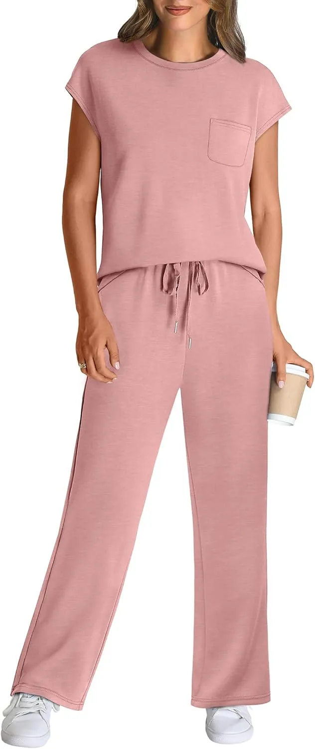 WIHOLL 2 Piece Sets for Women Casual Summer Travel Vacation Outfits Cap Sleeve Lounge Set