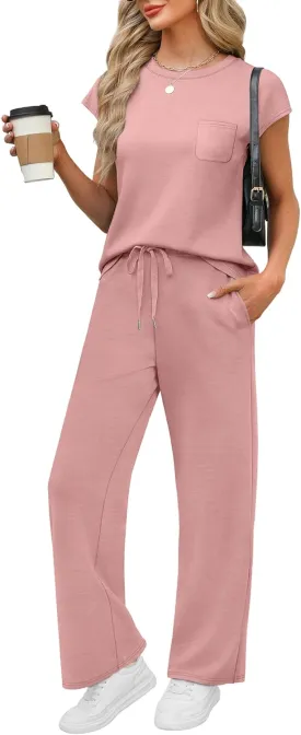 WIHOLL 2 Piece Sets for Women Casual Summer Travel Vacation Outfits Cap Sleeve Lounge Set
